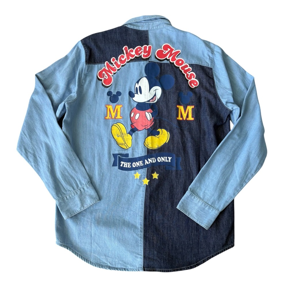 Disney Our Universe Mickey Mouse Colorblock Denim Shirt M Blue Patch Utility